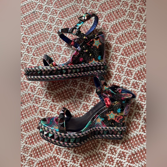 NWOT Christian Louboutin Pyraclou 110 Black Starlight Platform Wedge Sandals - Picture 6 of 7